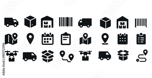 Logistics icons set: delivery, warehouse, drone, route, barcode
