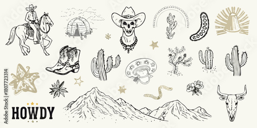 Hand drawn western elements and desert landscape illustration