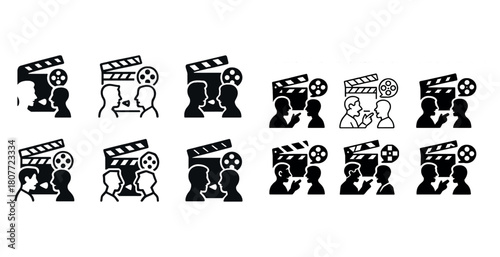 Film production icons: directors, reels, and creative discussion in silhouette