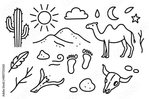 Desert Doodle Icons. Desert warmth. Hand-drawn doodle illustration Desert warmth cactus, sand dune, sun, rock, camel, feather, star, moon, droplet, footprint,