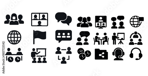 Communication and collaboration icons: virtual meetings, discussions, global connections