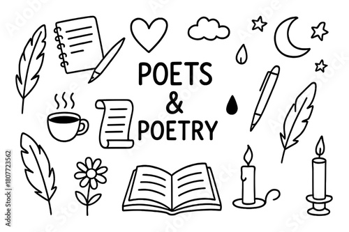 Poetry Symbols Doodle. Poets and poetry. Hand-drawn doodle illustration poets and poetry quill, notebook, heart, moon, cloud, stars, feather, scroll, ink drop,