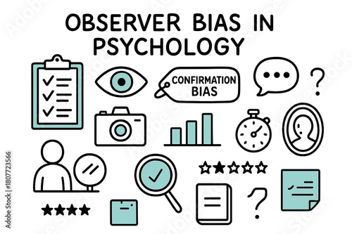 Observer Bias Doodle. Observer bias in psychology. Hand-drawn doodle illustration observer bias in psychology [clipboard checklist (accented), eye icon