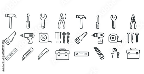 Line art toolbox collection: wrench, hammer, drill, saw, screwdriver, tape measure