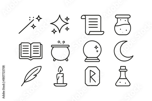 Magic Spell Icons. Magic spells. Line icon set of magic spells: wand, sparkle, potion bottle, scroll, open book, cauldron, crystal ball, moon, feather quill,