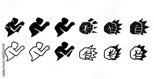 Dynamic fist and runner silhouettes in black and white icon set
