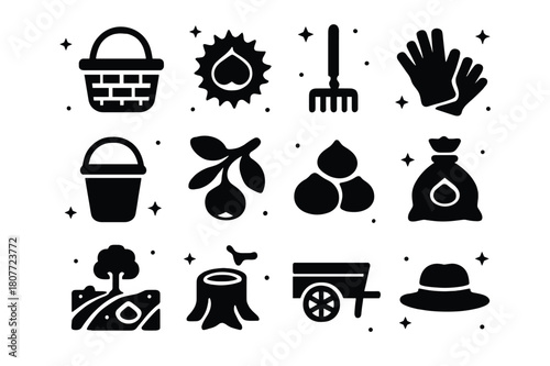 Chestnut Harvest Icons. Chestnut Harvest. Solid icons set of Chestnut Harvest: basket, chestnut burr, rake, gloves, bucket, branch, nuts pile, burlap sack,