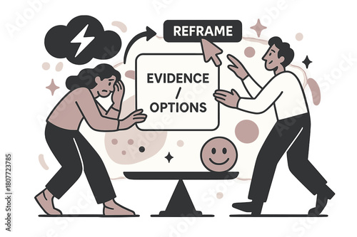 Reframing Thoughts. Thought reframing (CBT). A stormy bubble flips into a balanced card reading ?Evidence / Options?; ?Reframe? arrow clicks into place. A