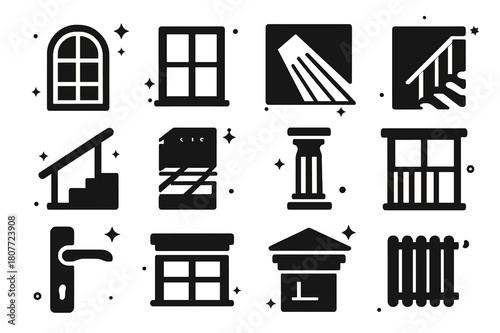 Architectural Icon Grid. Window Light in Architecture. Solid icons set of Window Light in Architecture: arched window, steel mullions, skylight ray, staircase,