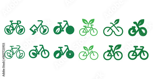 Eco-friendly bicycle icons with leaf elements in various green shades