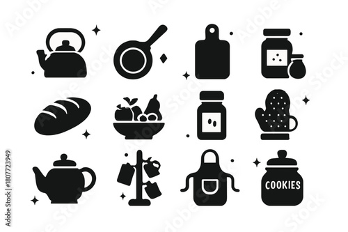 Homey Kitchen Icons. Homey Kitchen. Solid icons set of Homey Kitchen: kettle, cast iron pan, wooden spoon, cutting board, bread loaf, fruit bowl, spice jar,