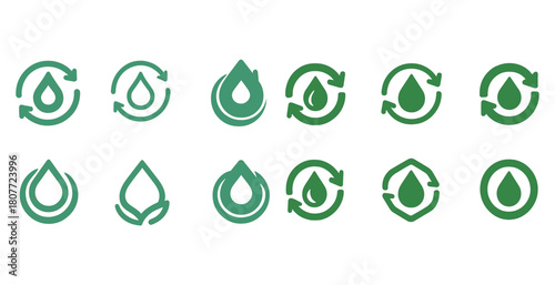 Green water and sustainability icons set with droplets and arrows