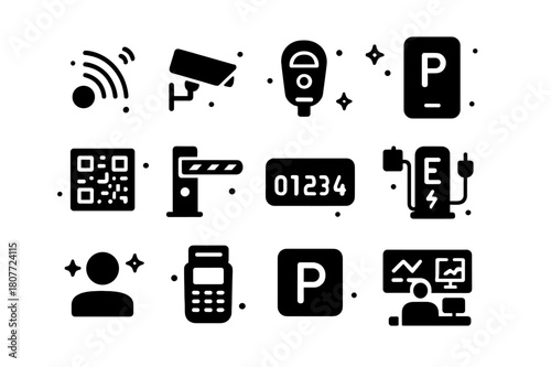 Smart Parking Icons. Smart parking solutions. Solid icons set of Smart parking solutions: parking sensor, CCTV camera, smart meter, mobile app, QR code,