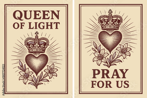 Queen of Light Banner. Queen of Light. Two vertical A6 banners with safe margins, centered composition, no elements touching edges, retro, burgundy and cream,