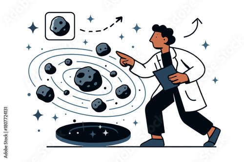 Asteroid Belt Hologram. Asteroid belt studies. Researcher pointing at asteroid belt hologram with abstract floating orbit lines, stars, and asteroids; conveys