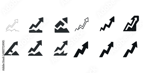 Set of upward trend icons illustrating growth and progress in various styles