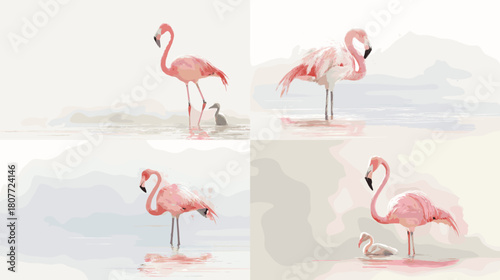 Soft watercolor illustration of pink flamingos standing and resting in calm shallow water. A gentle and elegant nature artwork with warm pastel tones and serene wildlife mood.