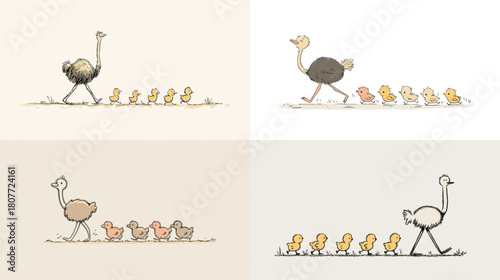 Charming minimal illustration of an ostrich walking with a line of small chicks. A cute and simple wildlife artwork with soft colors and playful character design.