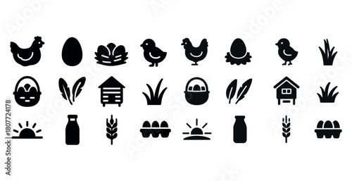Farm icon set: chickens, eggs, vegetables, and farming elements
