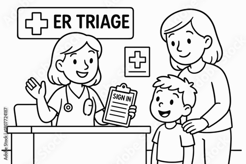 Friendly ER Welcome. ER triage desk children?s coloring book illustration, outlined drawing, nurse at a reception desk welcoming a child and caregiver with a