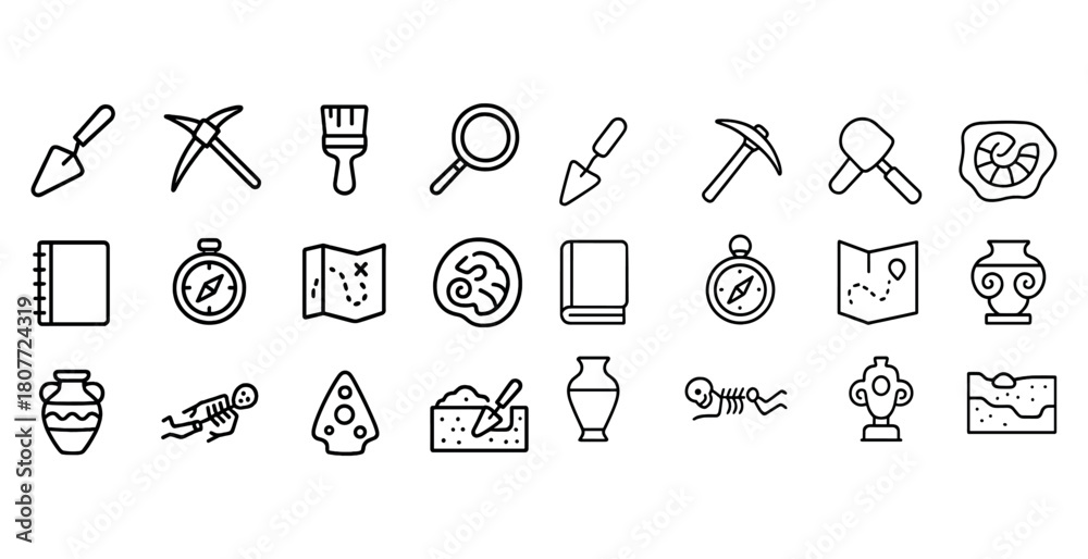 Naklejka premium Archaeology icon set with tools, maps, and artifacts