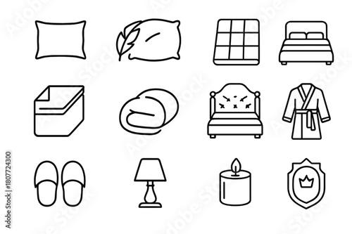 Luxury Bedding Icons. Luxury Bedding. Line icon set of Luxury Bedding: silk pillowcase, feather pillow, comforter, bed runner, high thread sheet, duvet,