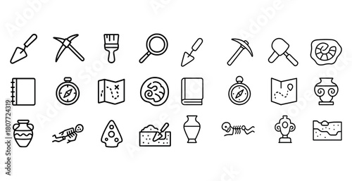 Archaeology icon set with tools, maps, and artifacts