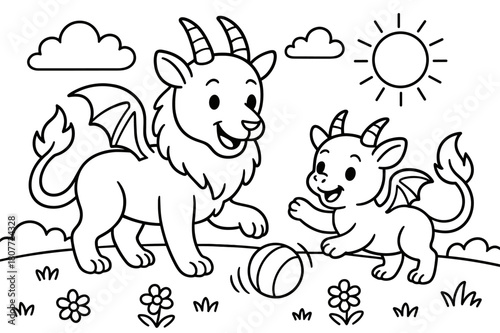 Chimera Playtime Fun. Mythical creature family children?s coloring book illustration, outlined drawing, a chimera parent and a baby chimera playing with a