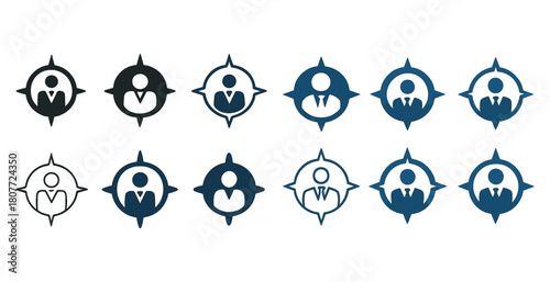Business navigator icons in black and blue variations indicating leadership and direction
