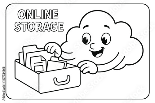 Cloud File Organizer. Online storage concept children?s coloring book illustration, outlined drawing, a cheerful cloud opening a small drawer full of simple