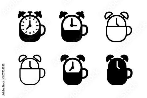 Parenting Icon Variations. new parent anxiety. Set Logo of new parent anxiety: Sleepless clock and coffee mug. Icon set. harmonious logo variations of the same