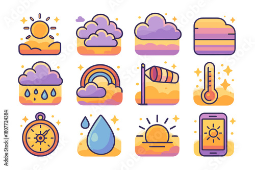 Dawn Weather Icons. weather at dawn. Colorful isometric vector icons set of weather at dawn: clear sky icon, scattered clouds, overcast layer, fog bank, light