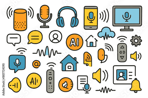 Smart Tech Doodle. Hands-free technology. Hand-drawn doodle illustration smart speaker (colored), microphone (colored), headphones (colored), smartphone