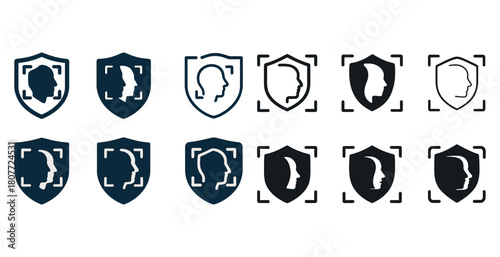 Silhouette profile icons in shields with facial recognition elements