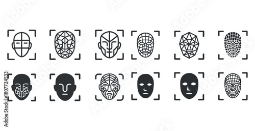 Facial recognition technology icons: mesh patterns and head outlines