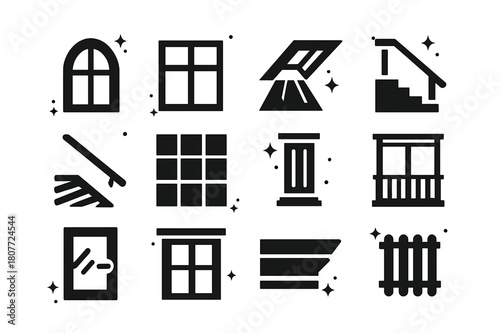 Architectural Icon Set. Window Light in Architecture. Solid icons set of Window Light in Architecture: arched window, steel mullions, skylight ray, staircase,