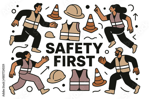 Construction Safety Grid. Construction safety poster. Floating cones, hard hats, and reflective vests forming a balanced grid; text ?SAFETY FIRST.? Organized,