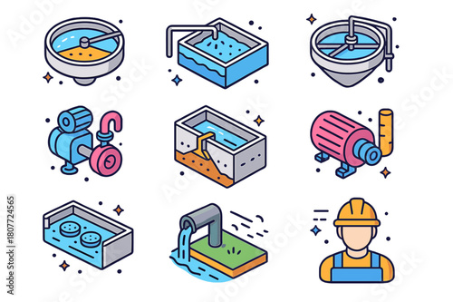 Isometric Wastewater Icons. Wastewater treatment plant. Colorful isometric vector icons set of Wastewater treatment plant: primary clarifier, aeration tank,