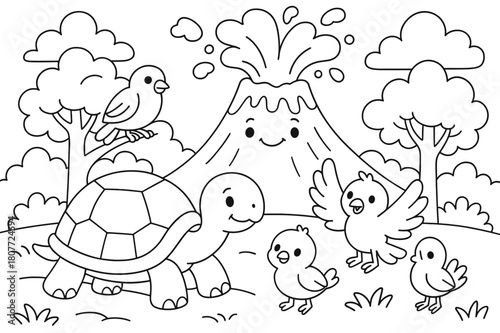 Volcano Wildlife Coloring Page. Animals near volcanoes children?s coloring book illustration, outlined drawing, birds and a tortoise on safe ground with a