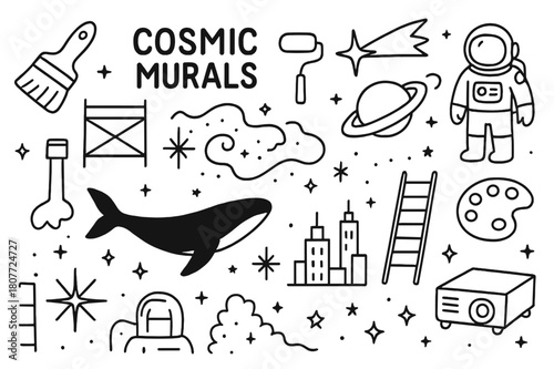 Cosmic Art Mural. Cosmic murals. Hand-drawn doodle illustration cosmic murals giant brush, paint roller, scaffold, planet, ringed planet, astronaut, nebula