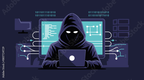 anonymous hacker in a hoodie surrounded by computer screens, vector illustration for cybercrime, digital footprint, and information security