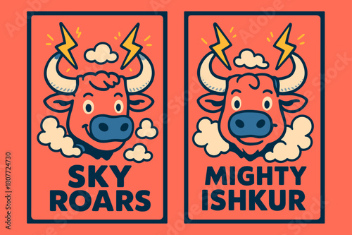 Lightning Bull Banners. Lightning Bull. Two vertical A6 banners with safe margins, centered composition, no elements touching edges, cartoon, coral and navy,