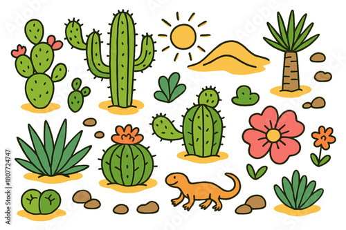 Colorful Desert Flora Doodles. Desert flora like cacti and succulents. Colorful Hand-drawn doodle Children illustration Desert flora like cacti and succulents