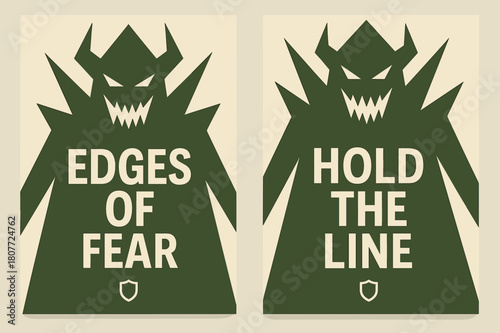 Geometric Fear Banners. Angles of Terror. Two vertical A6 banners with safe margins, centered composition, no elements touching edges, geometric, olive green