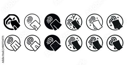 Set of twelve contactless payment icons with hand and card in various styles