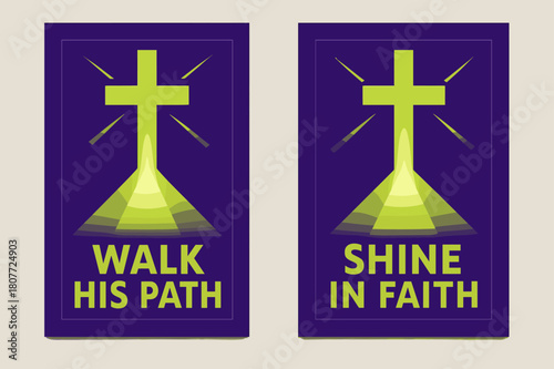 Glowing Path Banners. Path of Light. Two vertical A6 banners with safe margins, centered composition, no elements touching edges, geometric, royal purple and