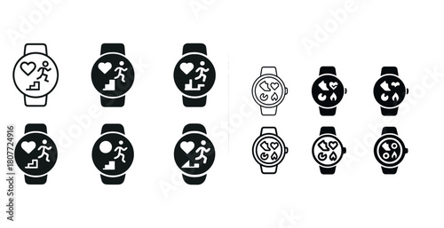 Set of fitness tracker icons: heart rate, running, steps, and calorie symbols