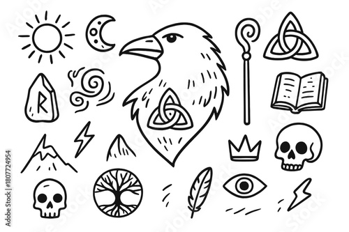 Mythical Raven Icons. Raven in mythology. Hand-drawn doodle illustration Raven in mythology Norse raven, Celtic knot, sun, moon, ancient book, magic staff,