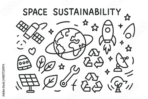 Space Sustainability Doodles. Space sustainability. Hand-drawn doodle illustration space sustainability Earth, recycle symbol, satellite, orbit ring, solar