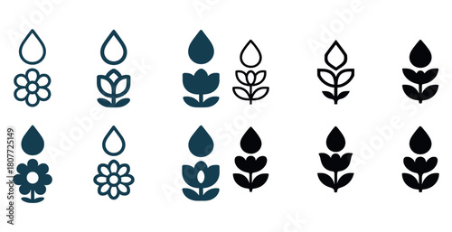 Minimalist floral icon set with water droplets in black and blue